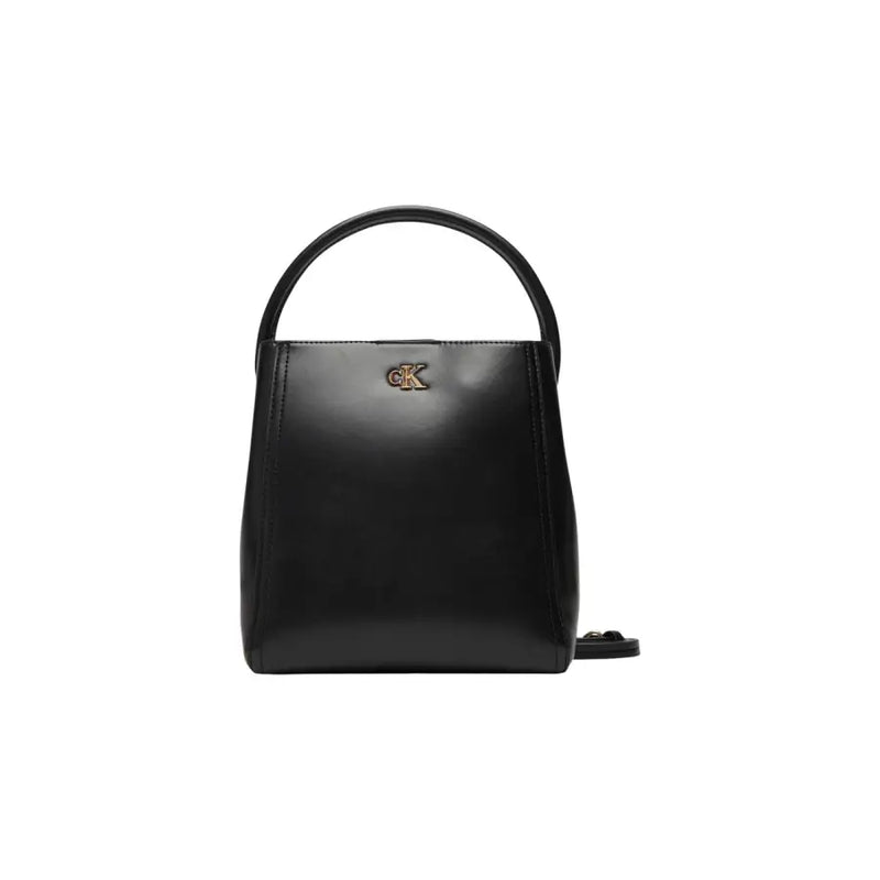 Calvin Klein schwarze Leder-Beuteltasche mit top Griff, goldfarbenes CK-Logo