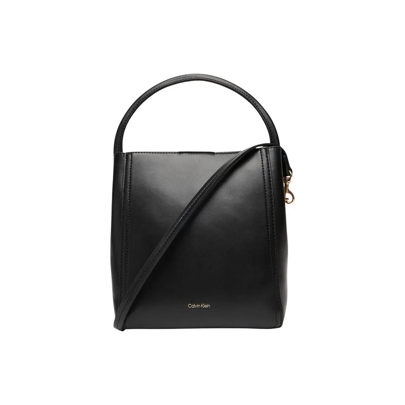 Calvin Klein black handbag with shoulder strap featuring a sleek structured design and smooth leather finish