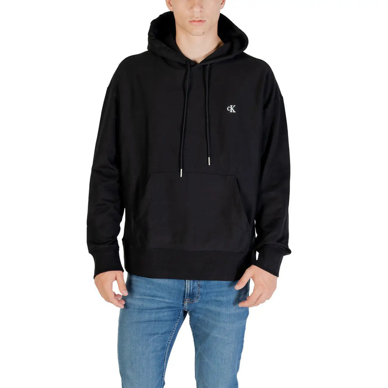Calvin klein black hoodie and sweatshirt with small white embroidered logo and matching drawstrings on the chest