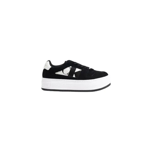 Calvin Klein black suede platform sneakers with white logo and sole