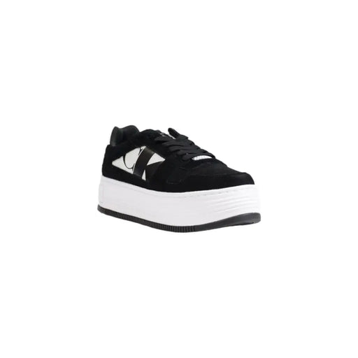 Calvin Klein black suede platform sneakers with white sole and logo