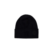 Black beanie with fold-over cuff and patch on front