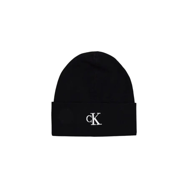 Black calvin klein beanie with white logo.
