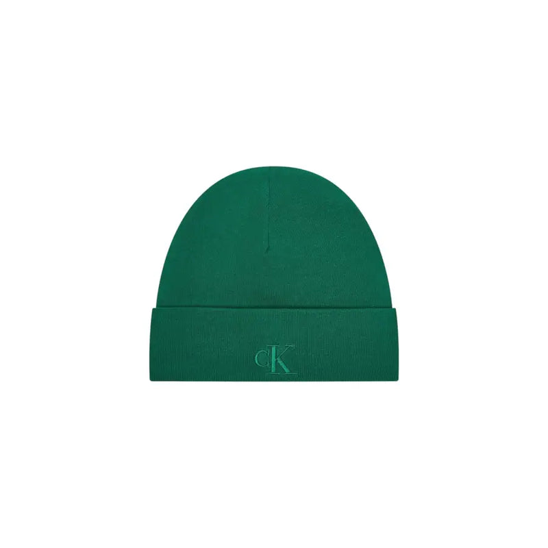 Green calvin klein beanie with embroidered logo.