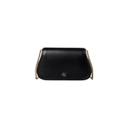 Calvin Klein black polyester shoulder bag with black leather crossbody design, gold-tone chain strap, and CK logo emblem