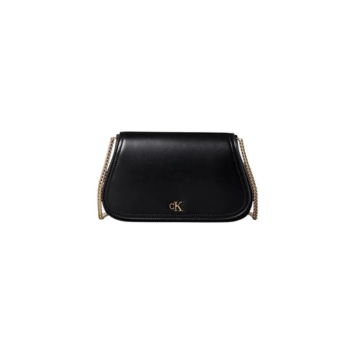 Calvin Klein black polyester shoulder bag with black leather crossbody design, gold-tone chain strap, and CK logo emblem