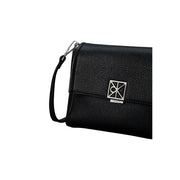 Calvin Klein black textured leather crossbody bag with silver-tone logo clasp and adjustable shoulder strap
