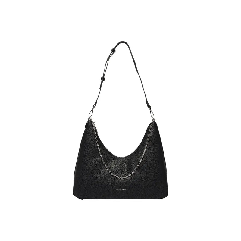 Calvin Klein black textured leather hobo bag with silver chain strap and zip pocket for stylish everyday use