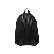 Calvin Klein black rucksack with smooth leather straps mesh back panel and zip pockets shown from the back side