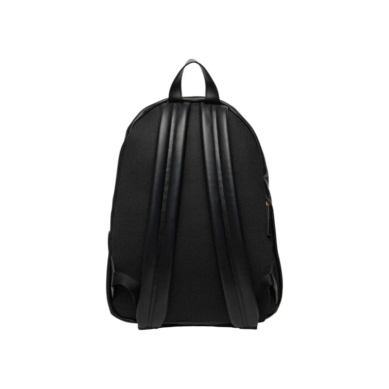 Calvin Klein black rucksack with smooth leather straps mesh back panel and zip pockets shown from the back side