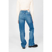 Back view of calvin klein blue womens denim flare jeans with worn out effect and classic pocket design