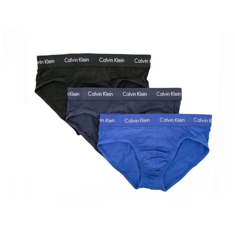 Set of three Calvin Klein boys briefs in black navy and royal blue cotton elastane blend with logo waistband