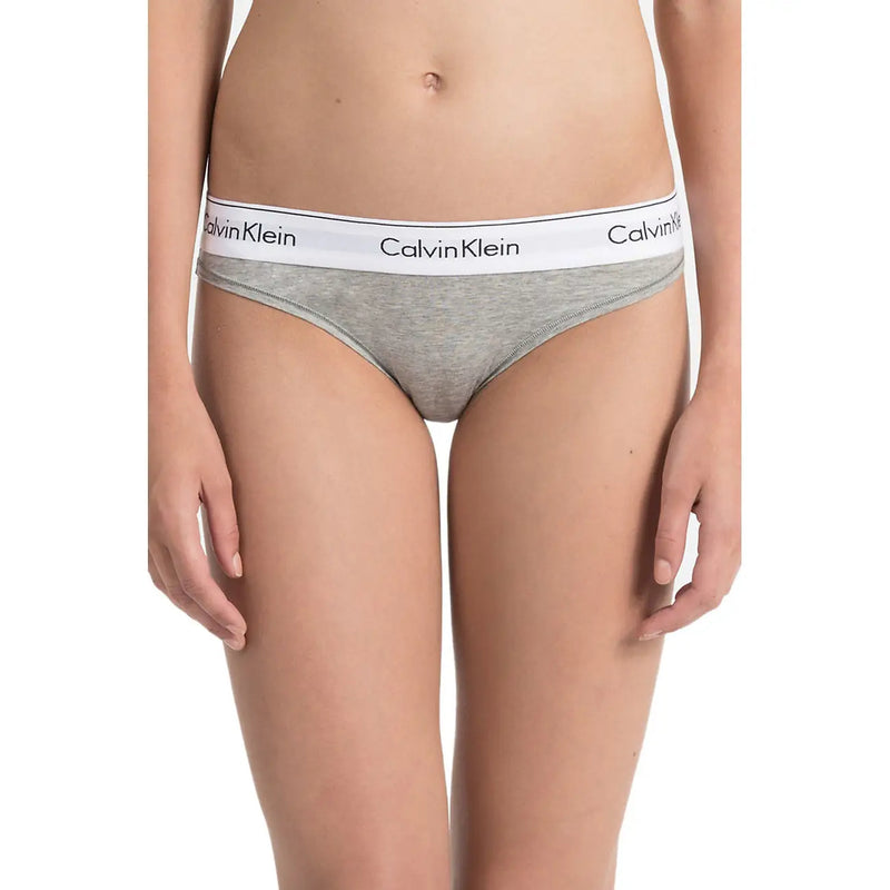 Calvin klein girls grey briefs with a white logo waistband made from cotton and modal blend fabric