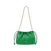 Calvin Klein green pleated leather crossbody bag with gold-tone chain strap and drawstring closure for women