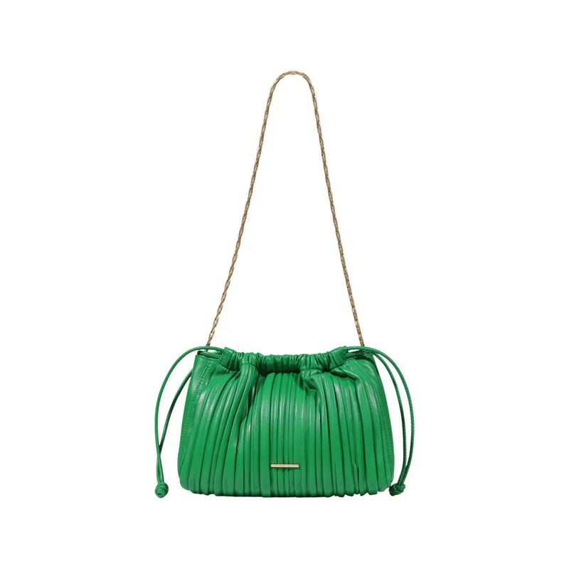 Calvin Klein green pleated leather crossbody bag with gold-tone chain strap and drawstring closure for women
