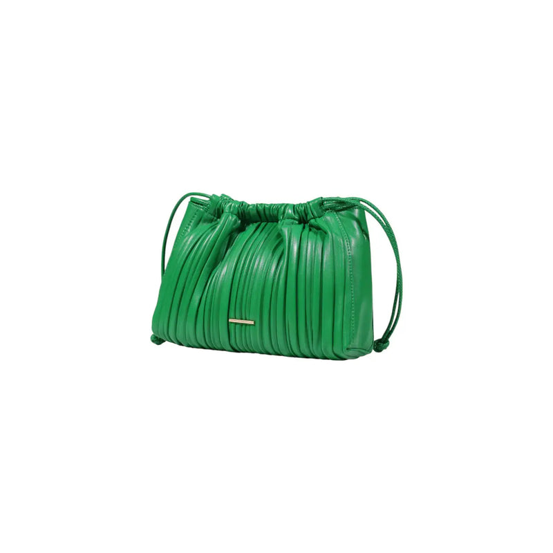 Calvin Klein green polyurethane shoulder bag featuring vibrant pleated leather clutch with drawstring closure and metallic accent