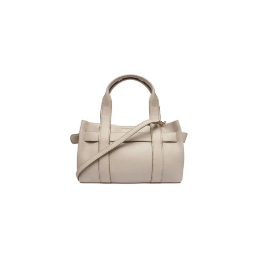 Calvin Klein beige leather handbag with structured design and top handle featuring an inside pocket