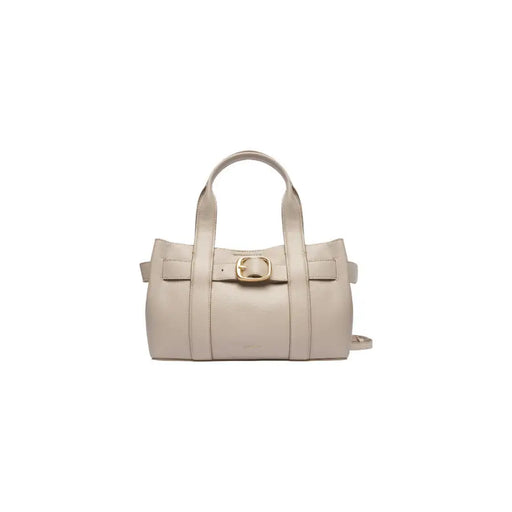 Beige leather handbag with gold-tone buckle and top handles by Calvin Klein featuring an inside pocket