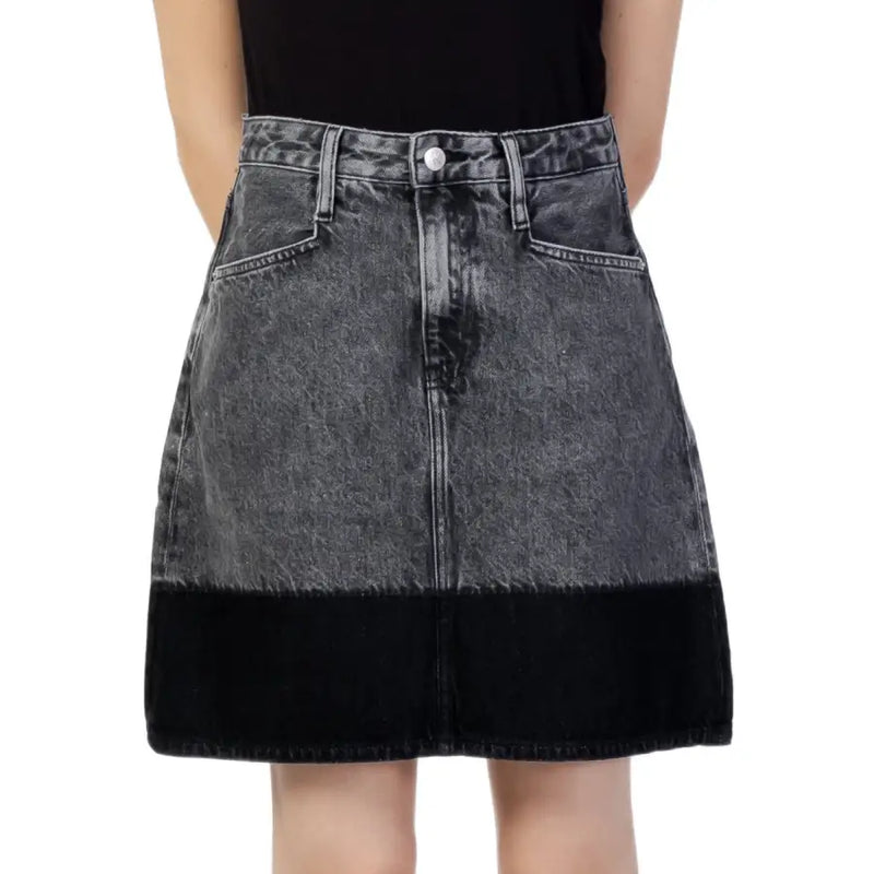 Calvin Klein Jeans black fall winter women’s two-tone denim skirt with faded gray upper and solid black hem