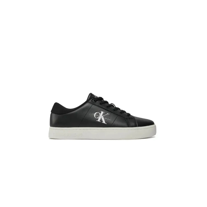 Black leather sneakers with silver logo, calvin klein brand.