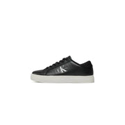 Calvin Klein Jeans black leather low-top sneakers for men with white rubber sole and silver logo detail
