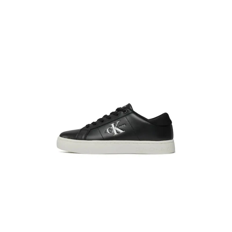 Calvin Klein Jeans black leather low-top sneakers for men with white rubber sole and silver logo detail