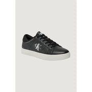 Calvin Klein Jeans black leather sneakers for men featuring white rubber sole and contrasting logo on the side