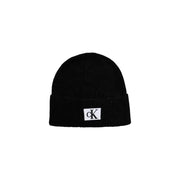 Black knitted Calvin Klein Jeans beanie for men with white ck logo patch on folded cuff from fall winter collection