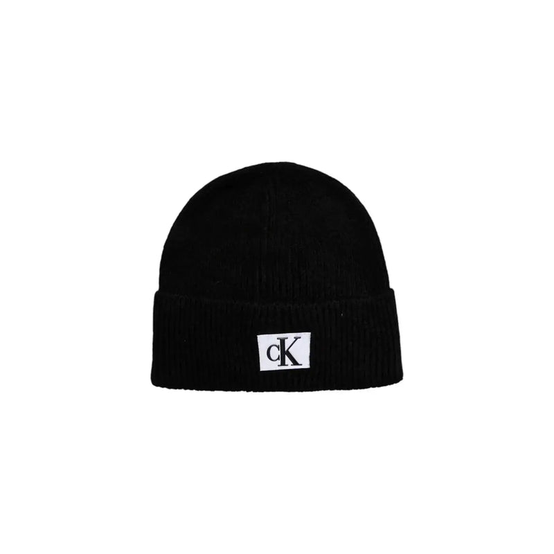Black knitted Calvin Klein Jeans beanie for men with white ck logo patch on folded cuff from fall winter collection