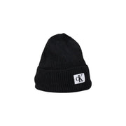 Calvin Klein Jeans black men’s ribbed knit beanie with white ck logo patch for fall winter collection