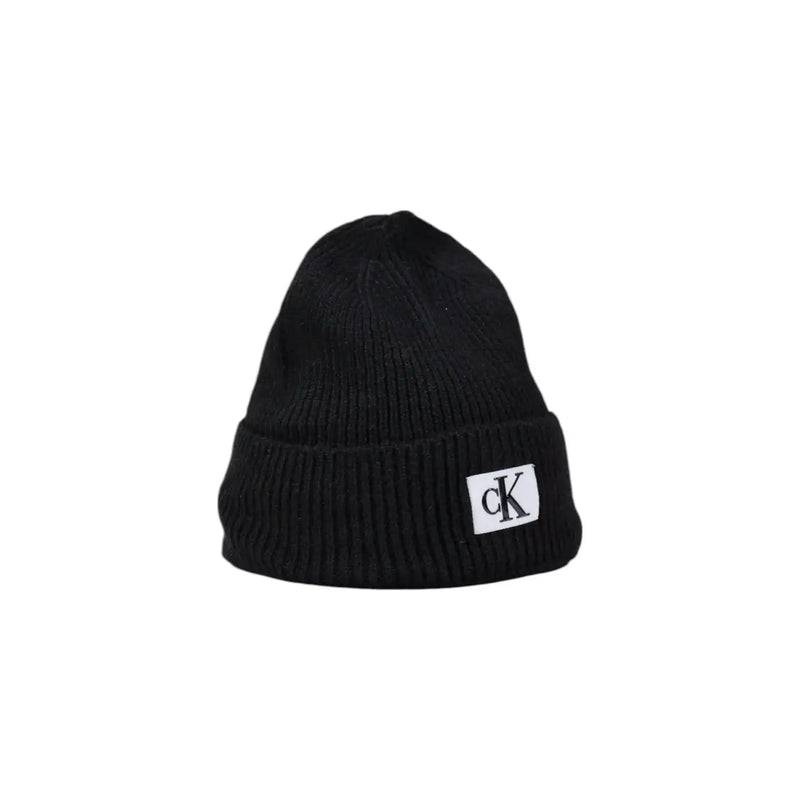 Calvin Klein Jeans black men’s ribbed knit beanie with white ck logo patch for fall winter collection