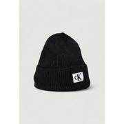 Calvin Klein Jeans black men’s ribbed knit beanie with white ck monogram patch fall winter collection cap