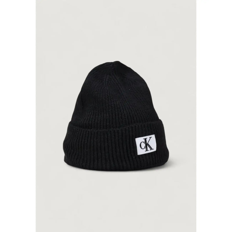 Calvin Klein Jeans black men’s ribbed knit beanie with white ck monogram patch fall winter collection cap