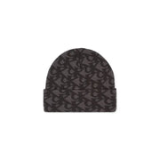 Black and gray monogram beanie hat with a ribbed texture.