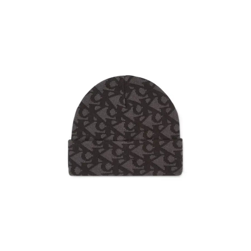Black and gray monogram beanie hat with a ribbed texture.