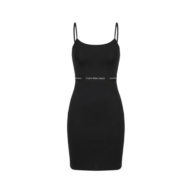 Calvin Klein Jeans black sleeveless cotton dress with spaghetti straps and white logo band around the waist