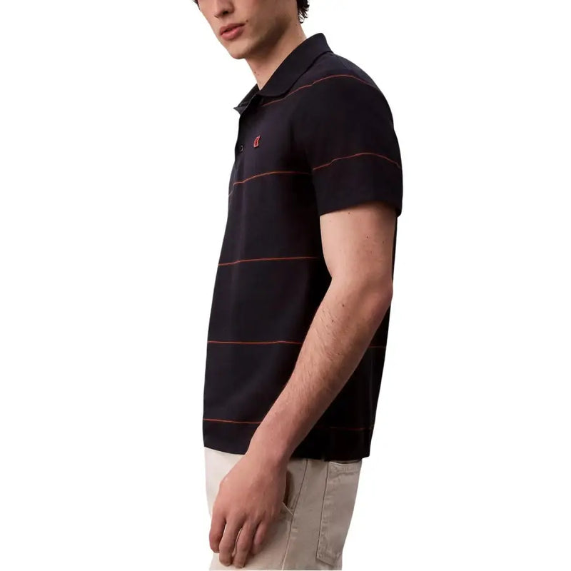 Black Calvin Klein Jeans cotton polo shirt with thin red horizontal stripes and small chest embroidery for men