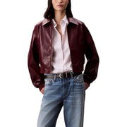 Calvin Klein Jeans bordeaux long zip front women’s blazer in sleek burgundy leather with subtle sheen and lighter collar