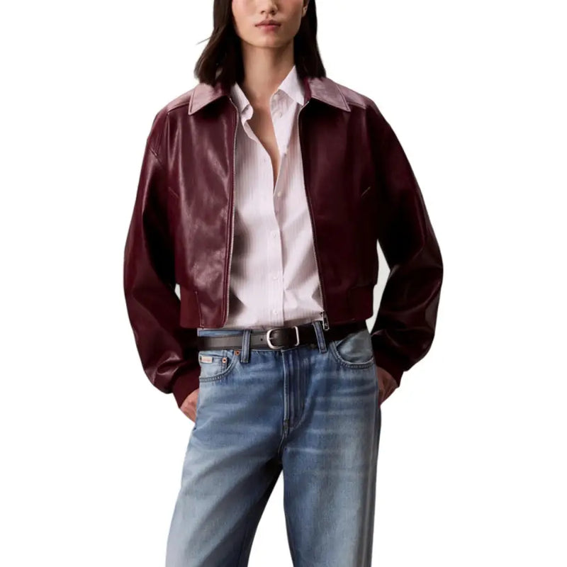 Burgundy leather jacket over white shirt and blue jeans from Calvin Klein Jeans Bordeaux blazer