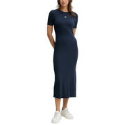 Calvin Klein Jeans marineblaues, geripptes Strick-Midikleid mit kurzen Ärmeln