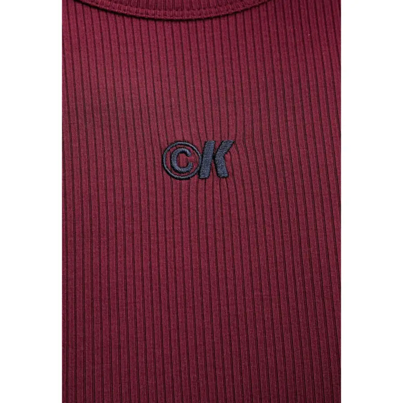 Calvin Klein Jeans Bordeaux modal dress for women in maroon ribbed knit with dark gray embroidered ck logo