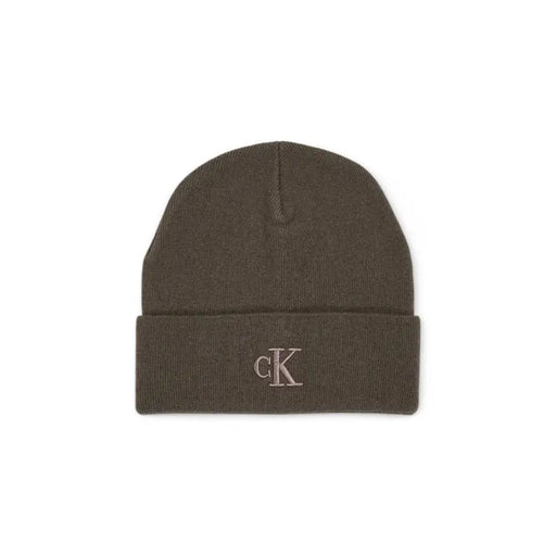 Olive green calvin klein beanie with embroidered logo.