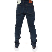 Calvin Klein Herrenjeans in Dunkelindigo mit Fünf-Taschen-Design und braunem Lederpatch, Rückansicht