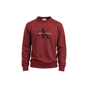 Calvin Klein Jeans Baumwollpullover für Herren in Bordeauxrot mit schwarzem CK-Logo und Markennamen auf der Brust, Vorderansicht