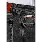 Calvin Klein Jeans Beige Herren-Jeans aus Baumwolle in klassischer Passform, aus schwarzem Denim mit verwaschenen braunen Lederapplikationen und kupferfarbenen Nieten auf der Rückseite