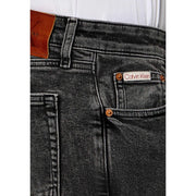 Calvin Klein Jeans men beige cotton classic fit jeans in black denim with faded wash brown leather patches and copper rivets back side
