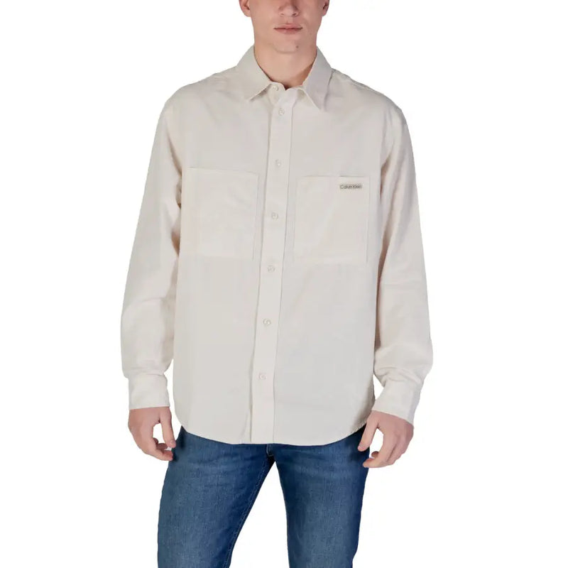 Men’s beige cotton long-sleeve button-up shirt with chest pockets for Calvin Klein Jeans collection