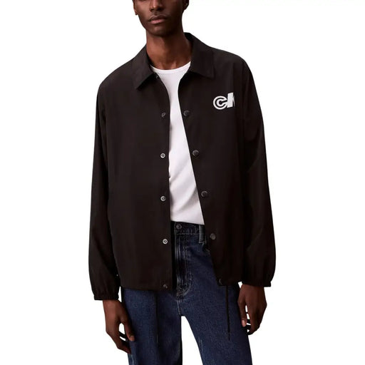 Calvin Klein Jeans men black classic polyester coach jacket with white logo on the left chest