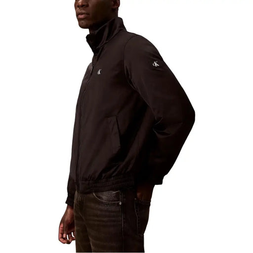 Black Calvin Klein Jeans men zip blazer polyester jacket with subtle white logo embroidery on chest and sleeve