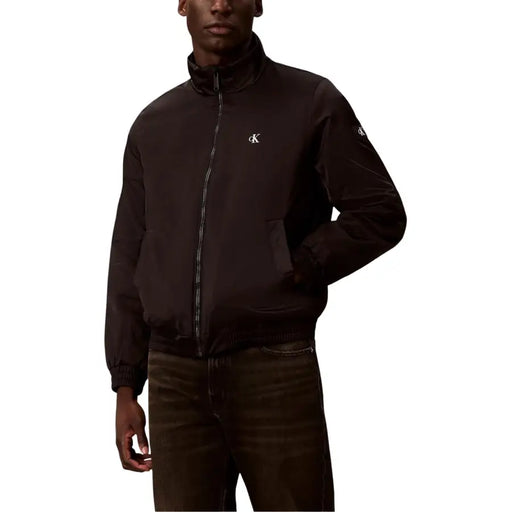 Black calvin klein jeans mens zip blazer bomber jacket polyester with white embroidered logos on chest and sleeve